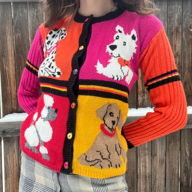 80’s vintage orange, magenta, yellow, red & black color block Dalmatian, poodle, Scottie, and golden retriever puppy cardigan sweater 