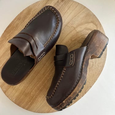 Via Nuova Made in Italy Brown Genuine Leather Chunky Wooden Clog Mule Size 7 