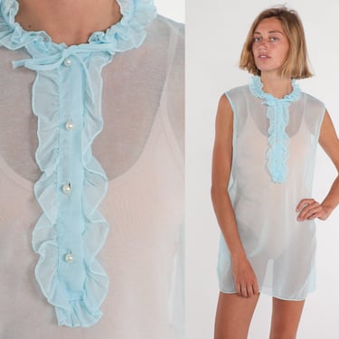 Sheer Blue Dress 70s Mod Mini Dress Ruffled Button up Sleeveless Shift Retro See Through Summer Festival Party Pastel Vintage 1970s Small S 