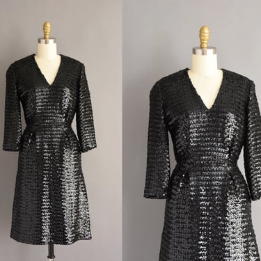 Vintage 1950s Dress |  Black Sequin Cocktail Party Dress | XS 