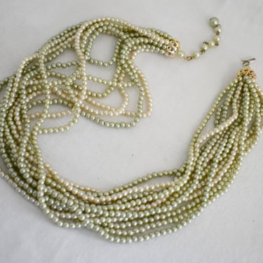 1950s/60s Small Green Faux Pearl Multi-Strand Necklace 