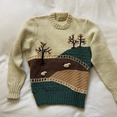 70s hand knit scenic farm sheep sweater / vintage oatmeal wool scenic landscape handknit embroidered wool sweater | Small 