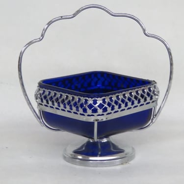 Cobalt Blue Glass Bowl Metal Basket With Handle Sugar Candy Serving Dish 3220B