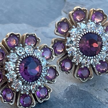 Vintage Sterling Silver and Purple Glass Clip On Flower Earrings 