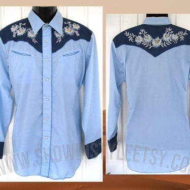Ely Plains Vintage Western Men's Cowboy & Rodeo Shirt, Blue with Embroidered Floral Designs, 16.5-30, Approx. Large (see meas. photo) 