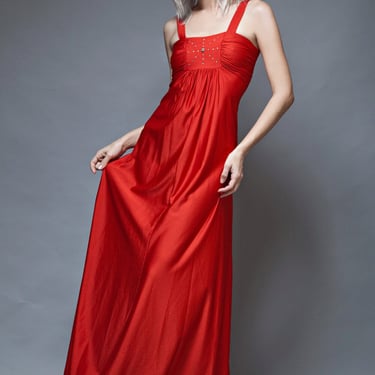 red maxi dress hostess slinky soft rhinestones gathered teen tiny fitted vintage 70s XXS extra small tiny 