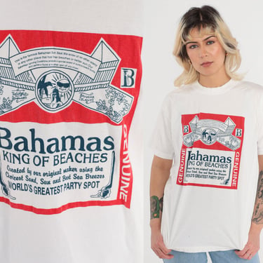 Bahamas T-Shirt Y2K Caribbean Island Shirt King of Beaches Graphic Tee Retro Tourist Travel Beer Inspired White Vintage 00s Medium Large 