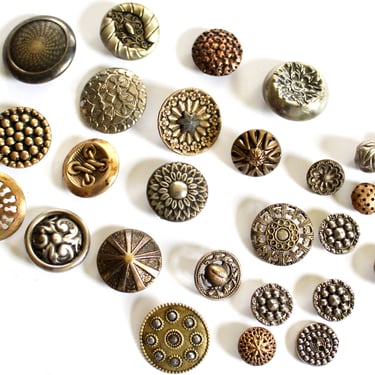 26 Antique Metal Buttons From Samplers Card - Coat Buttons Pierced Brass Two Piece Filigree High Relief 