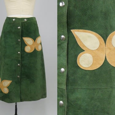 Vintage 1960s Green Suede Butterfly Midi Skirt, Vintage Suede, 60s A-Line Skirt, Mod Go Go, Size Medium, 28