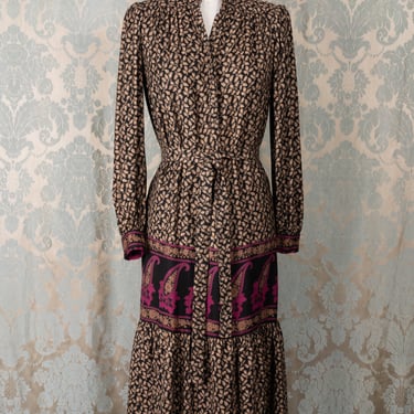 1980s Prairie Leaf/Paisley Print Dress with Standing Collar, Gathered Shoulders, and Tie Waist 