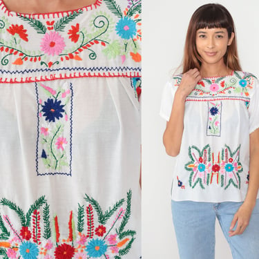 White Floral Blouse 90s Mexican Embroidered Top Peasant Hippie Short Sleeve Tent Shirt Summer Puebla Festival Red Flower Vintage 1990s Small 