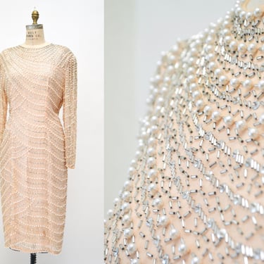 80s 90s Vintage Pink Peach Beaded Sequin Dress  Medium // 80s 90s Glam Vintage Metallic Sequin Peach Cocktail Wedding Party Dress 