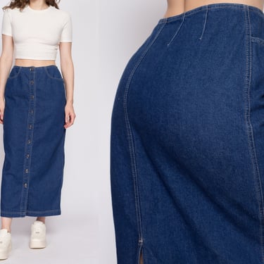 90s Denim Button Front Maxi Skirt - Medium, 28" | Vintage Grunge High Waisted Dark Wash Jean Pencil Skirt 