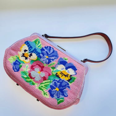 1950s Pink Pansy Needlepoint Handbag | 50s Pink Flower Needlepoint Purse 