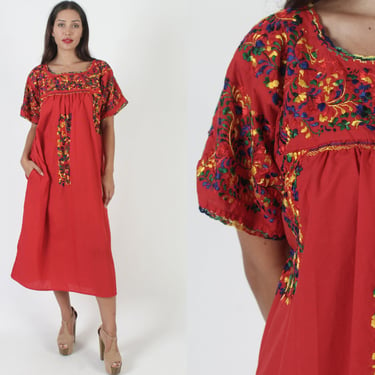 Womens Red San Antonio Maxi Dress, Plus Size Embroidered Oaxacan Sundress, Traditional Mexican Puebla Outfit With Pocket, Size XL 