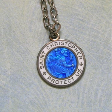 Vintage Sterling Blue and White Enamel Saint Christopher Pendant, Old St. Christopher Medal (#4024) 