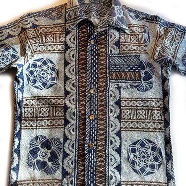 60's Blue Bark Cloth Hawaiian Shirt Vintage 1960's Hawaii men's 46