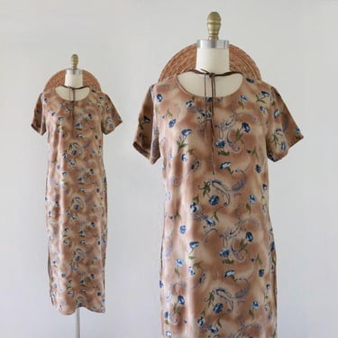 botanical maxi dress - m - see condition -vintage 90s y2k brown tan cottage cottagecore flower medium long rayon minimal 