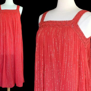 Vintage 70s Red Cotton Gauze Grecian Goddess Dress, Metallic Gold Stripes, Festival, Boho Rich Hippie, Size S to M, Small Medium 