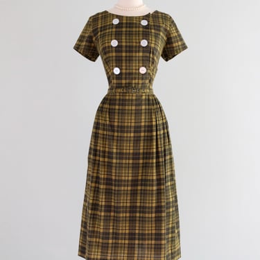 Vintage 1950's Olive Plaid Cotton Dress by Fashion Frock / M