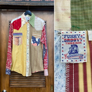Vintage 1970’s “Kennington” Pop Art Krazy Patchwork Hippie Disco Shirt, 70’s Groovy Top, Vintage Clothing 