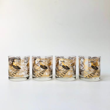 Set of 4 Mid Century Gold Peacock Lowball Tumblers by Osborne Kemper Thomas 