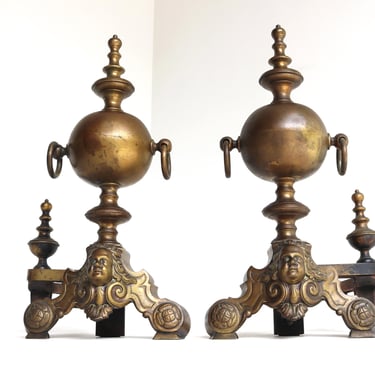 Antique Brass Andirons with Cherub Masks – 19th Century Fireplace Decor Firedogs 