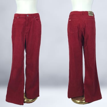 VINTAGE 90s Cranberry Red Corduroy Flared Pants By Jordache Size 12 | 1990s Retro 70s 5 Pocket Cotton Cord Jeans | VFG 