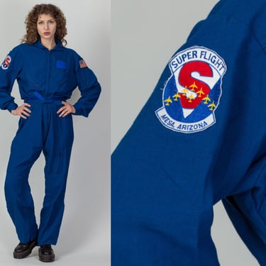 Vintage Flyer's Coveralls Air Force Flight Suit - Men's Large, 44 | 80s Blue Army Utility Super Flight Patch Jumpsuit 