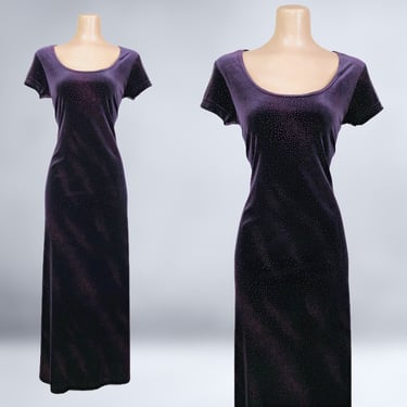 VINTAGE 90s Purple Velvet Sparkle Maxi Dress by DJ & Co. by Dawn Joy Size 11/12 | 1990s Sexy Stretch Prom Gown Party Dress | VFG 