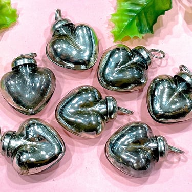 VINTAGE: 7pcs - Small Silver Mercury Glass Heart Ornaments - Heart Pendants - Kugel Style Christmas Ornaments 