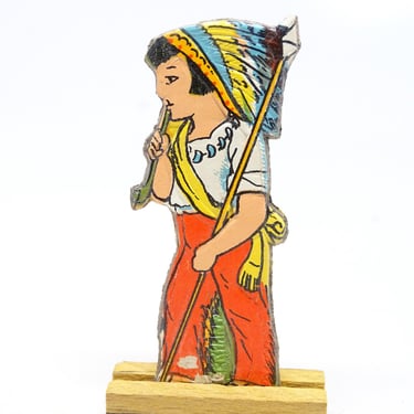 Antique 1940's German Kid in Native American Dress in Wood Stand, Pressed Embossed Cardboard Stand Up Toy for Vintage Christmas 