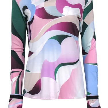 Emilio Pucci - Pink, Green, & Purple Abstract Print Jersey Fitted Long Sleeve Top Sz 12