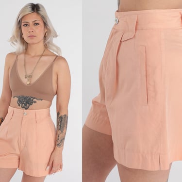 Peach Trouser Shorts Y2k Silk Cotton Blend High Waisted Mom Shorts Retro Shorts Plain Basic Summer Vintage 00s Small 27 