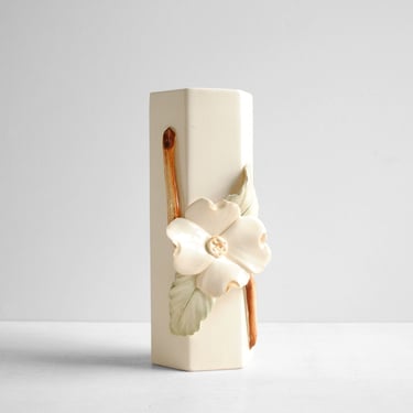 Vintage Handmade Ceramic Flower Vase with White Flower 