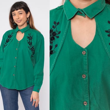 Green Western Blouse 90s Floral Embroidered Keyhole Top Button Up Shirt Cowgirl Rodeo Cutout Long Sleeve Vintage 1990s side saddle Medium M 