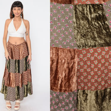 Patchwork Peasant Skirt 90s Tiered Velvet Maxi Skirt Retro Hippie Abstract Print 1990s Vintage Rayon Brown Olive Green Medium Large 