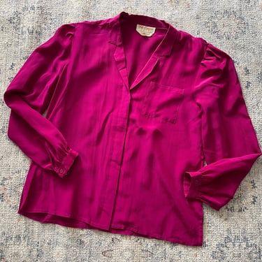 Vintage ‘80s ‘90s fuschia silk blouse | 100% silk, magenta silk blouse, gathered shoulders, S/M 
