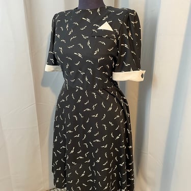 Vintage 80s black and white secretary dress back button L 