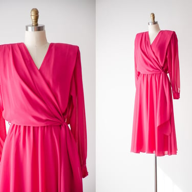 hot pink midi dress | 80s vintage Ursula of Switzerland sheer chiffon flowy long sleeve dress 