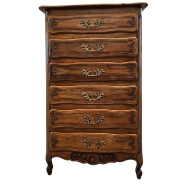 Vintage French Provincial Louis XV Style Walnut Oak Parquetry Semainier Chest Of Drawers 