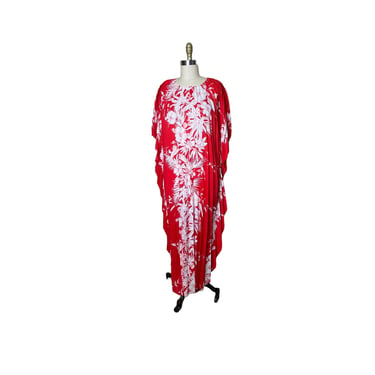 Vintage Royal Creations Hawaii Red White Pleated Caftan One Size Multicolor Tropical Aloha Gown Kaftan Kimono Mumu 