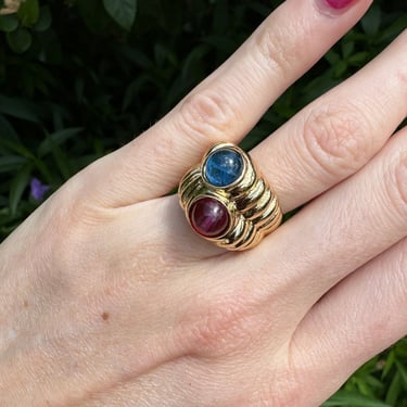 80s Marbled Blue Red Glass Gold Ring