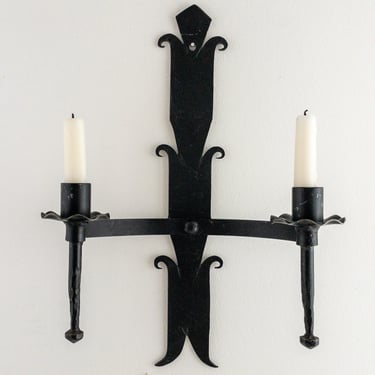 Vintage Hand Forged Iron Wall Sconce, Black Wrought Iron Metal Wall Candelabra, Mexican Spanish Medieval Gothic Decor 