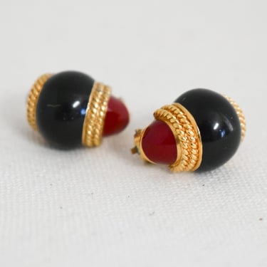 1990s Deep Red and Black Enamel Clip Earrings 