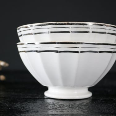 Set of 2 Cafe au Lait Bowl White Porcelain with Silver Rim Sarreguemines China Bowls Vintage 