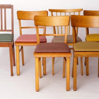 Set of 6 Vintage German Dining Chairs, 1950s–1960s | Beech Wood Frames, Colorful Upholstery, Mid-Century Modern 