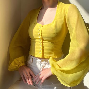 60’s yellow fitted button down blouse with sheer balloon sleeves 