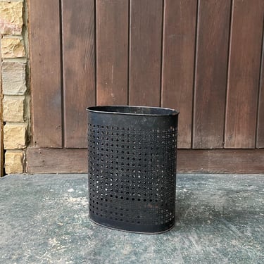 Mid-Century Metal Perforated Trash Can Pattern Faux Rattan Cane Caning Holes Vintage Industrial 