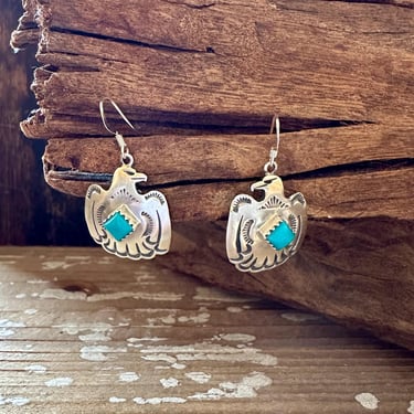 ROBERTA BEGAY Running Bear Sterling Silver & Turquoise Thunderbird Earrings | Fred Harvey Era Style | Bird Dangle | Native American Navajo 